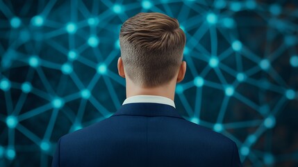 Poster - Contemplative Man in Dark Suit Against Abstract Blue Network