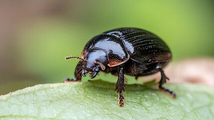 Poster - macro photography of a shiny black beetle perched on lush green leaf with detailed texture : Generative AI