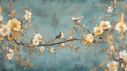 Wall Mural - Golden birds on flowering branch, teal background, home decor