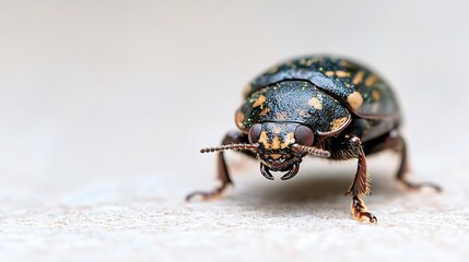Poster - Macro Image of a Spotted Green Beetle on Light Surface with Detailed Texture : Generative AI