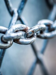 Poster - Closeup of Rusty Metal Chain Link Against Blurred Industrial Background Focus on Strength and Texture : Generative AI