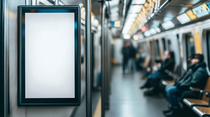 Vertical illuminated ad display inside a subway train with passengers seated in the background. Perfect for showcasing branding, advertising, or marketing campaigns in a public transit setting