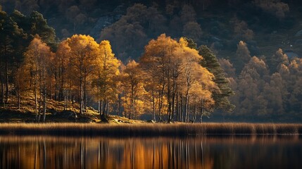 Poster - Golden Autumn Forest Reflecting on Misty Lake with Tranquil Atmosphere : Generative AI