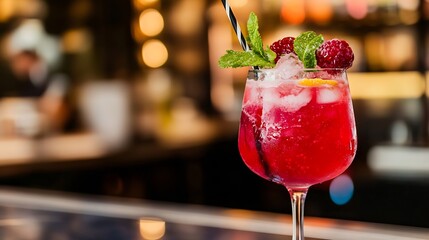 Poster - Refreshing summer cocktail with mint and berries in sophisticated bar setting : Generative AI