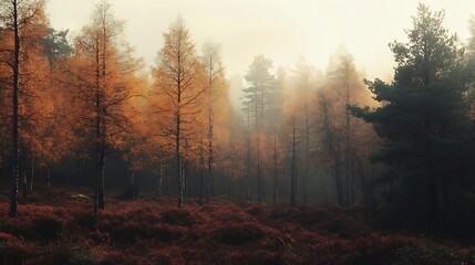 Poster - Autumnal Forest Landscape with Misty Sunrise in Serene Nature : Generative AI