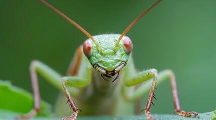 Poster - Macro View of Green Praying Mantis with Intricate Features on Leaf : Generative AI