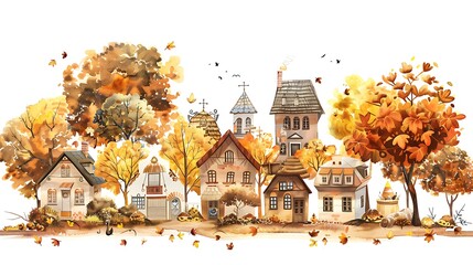 Wall Mural - A charming, hand-painted city scene of an enchanted village with a pastel sunset, cozy cottages, and trees with golden leaves, radiating a sense of warmth and joy, placed against a bright white 