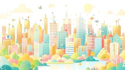 Wall Mural - A dreamlike cityscape illustration with pastel-hued buildings, flowing rivers, and warm golden sunlight bathing the streets, capturing a relaxed and joyful atmosphere, neatly positioned on a 