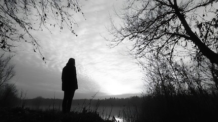 Poster - Silhouette of Person Standing in Misty Forest at Twilight : Generative AI