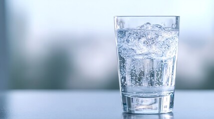 Aufkleber - Refreshing Glass of Sparkling Water with Ice on a Bright Blurred Background : Generative AI