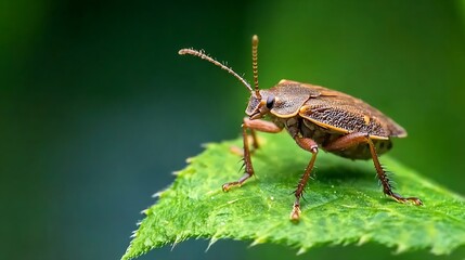 Poster - Brown Weevil on Leaf with Bright Green Background in Nature : Generative AI