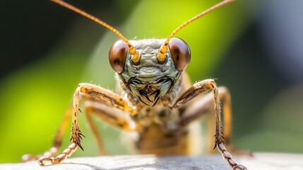 Poster - Macro Closeup of Grasshopper on Leaf with Detailed Texture and Vibrant Green Background : Generative AI