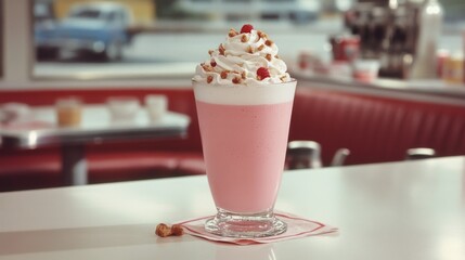 Wall Mural - Pink milkshake with whipped cream and nuts in retro diner