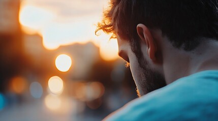 Poster - Contemplative back view of man in sunset glow reflecting on life at dusk introspective moment : Generative AI