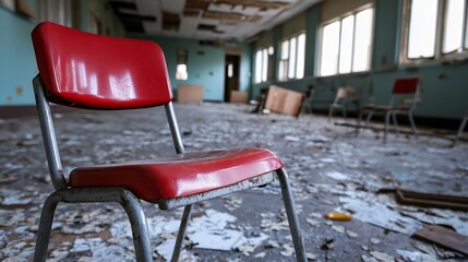 Poster - Abandoned Classroom with Red Chair and Debris Creating a Nostalgic Atmosphere : Generative AI