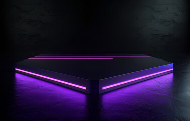 Wall Mural - 3d render, abstract background with glowing neon purple arrows on a black empty stage for product pr