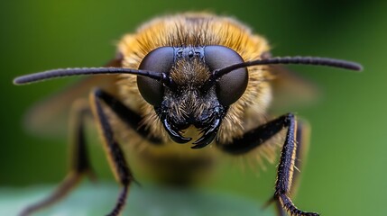 Poster - CloseUp Portrait of a Bee with Fuzzy Texture and Green Background in Natural Habitat : Generative AI
