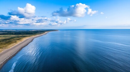Aufkleber - Aerial view of serene blue ocean with clear skies and gentle waves on sandy coastline : Generative AI