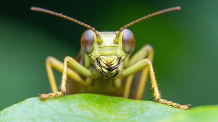 Aufkleber - Macro Closeup of Vibrant Green Grasshopper Resting on Leaf in Natural Habitat : Generative AI