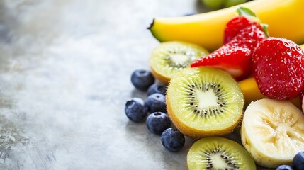 Poster - Fresh Assortment Of Colorful Fruits Including Kiwi Strawberries Blueberries And Banana : Generative AI