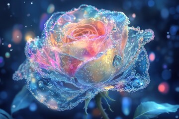 Wall Mural - Glowing rose, water droplets, dark background, fantasy art, website header