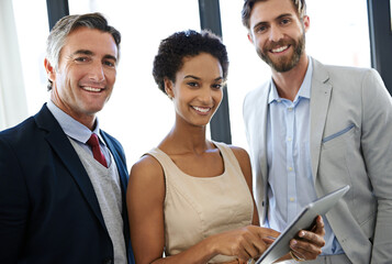 Fototapete - portrait, smile and tablet with business people in office for case research, support and legal team.