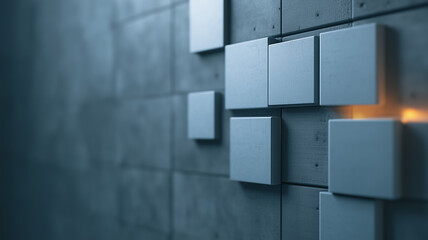 Poster - Abstract Geometric Wall: Glowing squares emerge from a wall of concrete tiles, creating a modern and captivating visual. This image evokes feelings of innovation and technological advancement. 