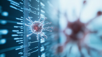 Poster - digital threat: a microscopic virus model hovers over a screen filled with digital code, a stark vis