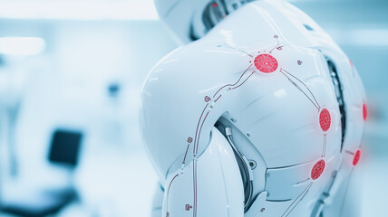Poster - Advanced Robotics: Close-up of a humanoid robot's shoulder and back, showcasing intricate wiring and glowing red sensors. The image evokes a sense of futuristic technology and artificial intelligence.