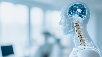 Poster - Cybernetic Mind:  A futuristic depiction of a human head and spine with a microchip circuit board overlayed onto the brain, suggesting advanced technology integration with the human mind.