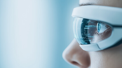 Poster - Woman wearing futuristic glasses: Close-up profile of a person wearing sleek, futuristic smart glasses, reflecting a digital interface.