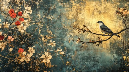 Wall Mural - Bird on branch, floral background, artistic print, wall art