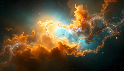 cosmic nebula, swirling clouds of gas and dust, vibrant orange and blue colors, celestial explosion, starry background, ethereal glow, space phenomena, interstellar clouds, galactic formation, cosmic 
