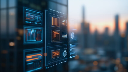 Poster - Urban Data Stream: Futuristic digital interface displays data streams against a blurred cityscape backdrop at sunset, symbolizing technological advancement and urban development. 