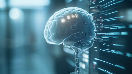 Poster - artificial intelligence brain: a translucent, biomechanical brain model with glowing nodes is connec