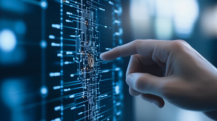 Poster - Interactive Digital Interface: A close-up shot of a hand interacting with a holographic digital interface, showcasing intricate circuitry and data streams.