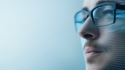 Poster - Contemplation and Technology: A close-up profile of a person wearing glasses, overlaid with soft, abstract technological lines, conveying a sense of thoughtful reflection and innovation. 
