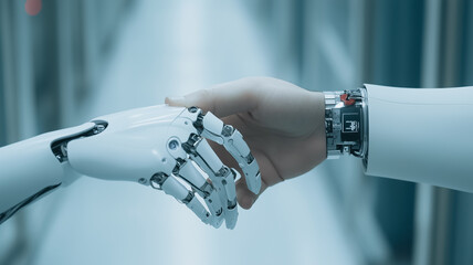 Poster - Human and AI Handshake: A human hand reaches out to meet a robotic hand.