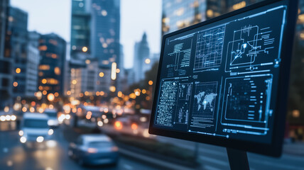 Poster - Urban Data Stream: A futuristic display screen showcasing dynamic data streams, including a world map and various technological graphs.