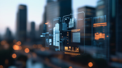Poster - Urban Digital Interface: Futuristic holographic interface displays data and information against a blurred cityscape backdrop at dusk.