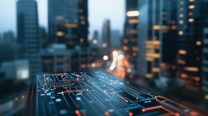Aufkleber - cyber cityscape: a futuristic cityscape, glowing with vibrant city lights, is reflected in the intri