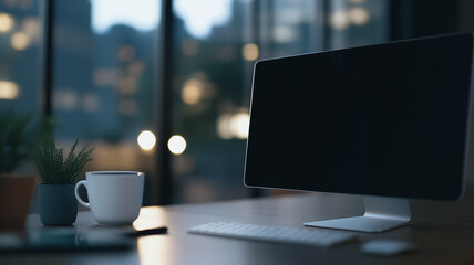 Poster - Workstation at Dusk: A minimalist workspace with a sleek desktop computer and a cup of coffee is bathed in the warm glow of the setting sun, evoking a sense of calm and focus amidst a busy day. 