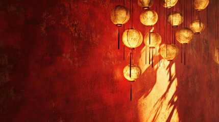 Canvas Print - Red wall, hanging lanterns, shadow, Asian decor, restaurant interior