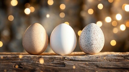 Wall Mural - Three Easter eggs on wood, bokeh background. Festive food photography for cards