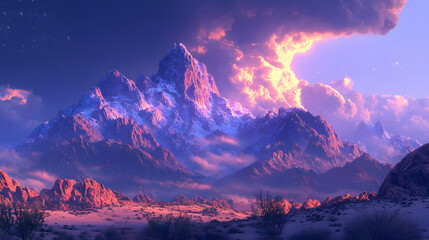 Sticker - Majestic sunset over snow-capped mountains, desert foreground