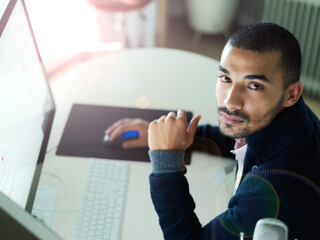 Leinwandbilder - Man, computer and programming code in office, web development and online for writing html. Male person, portrait and pc screen for software update in workplace, cpu system and site for efficiency