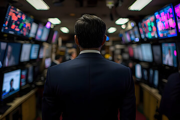 Poster - Man in suit amidst stock market screens