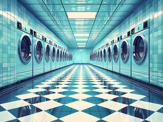 Retro laundromat hallway, clean machines, checkered floor, background light