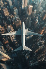 Wall Mural - Aerial view of an airplane flying over the city, with skyscrapers and buildings below. 