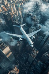 Wall Mural - Aerial view of an airplane flying over the city, with skyscrapers and buildings below. 